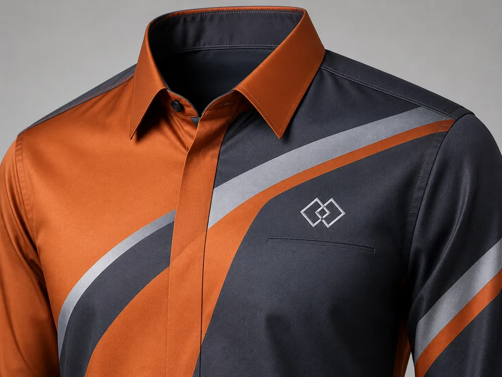 Inspirasi baju korporat custom oren dan navy untuk event