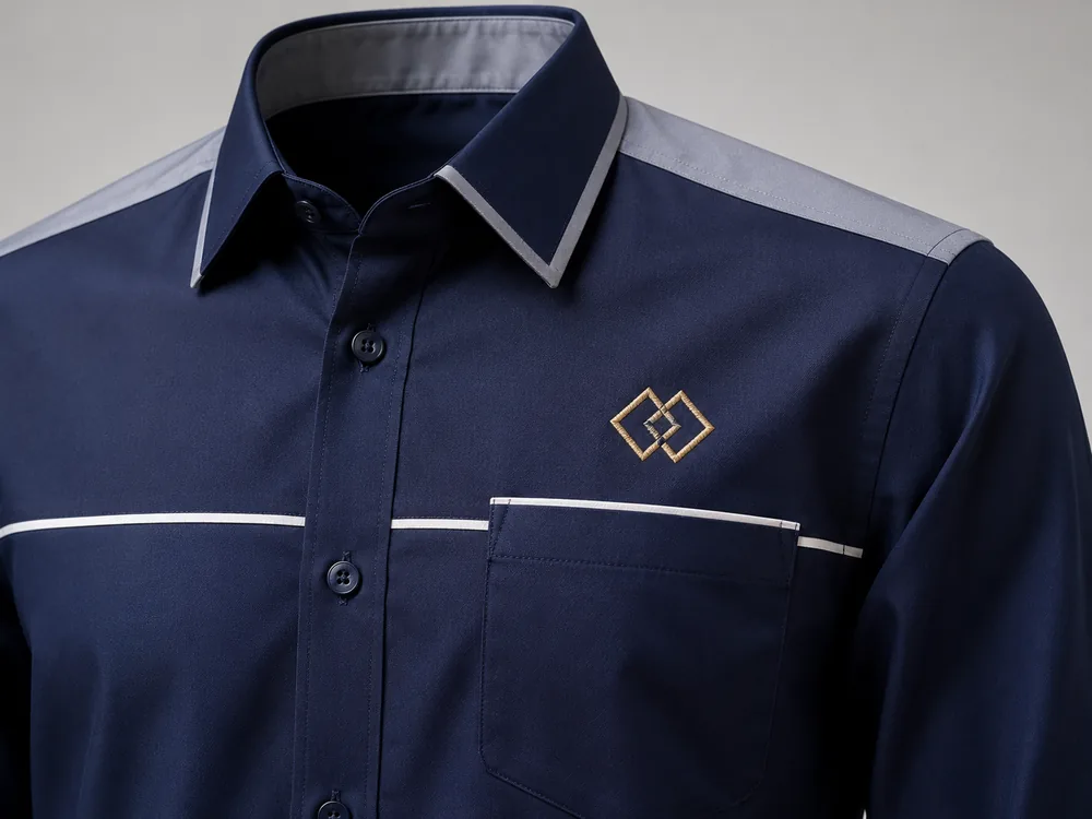Inspirasi baju korporat custom navy dengan kemasan profesional