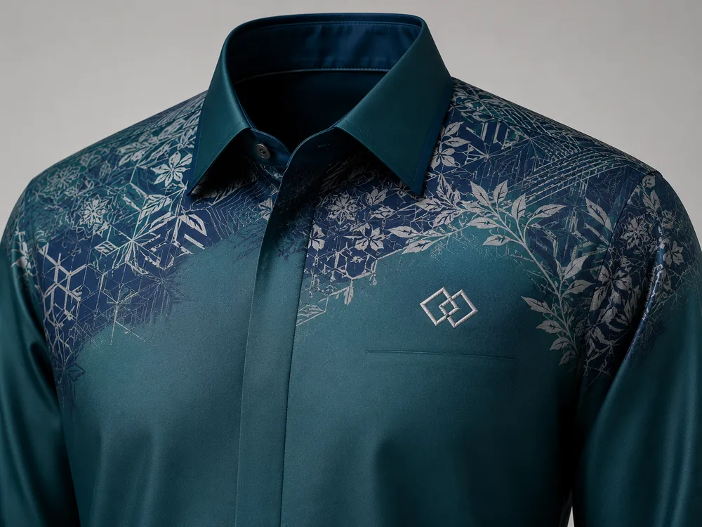 Inspirasi baju korporat custom teal dengan corak premium