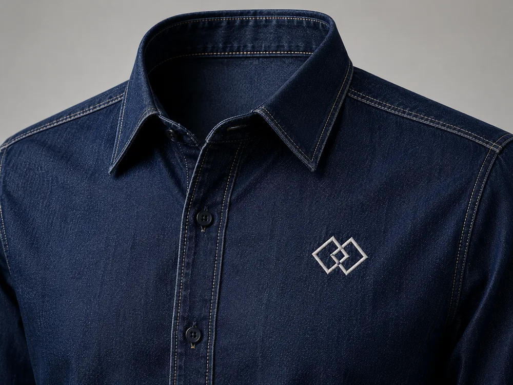 Inspirasi baju korporat custom denim navy dengan jahitan kemas